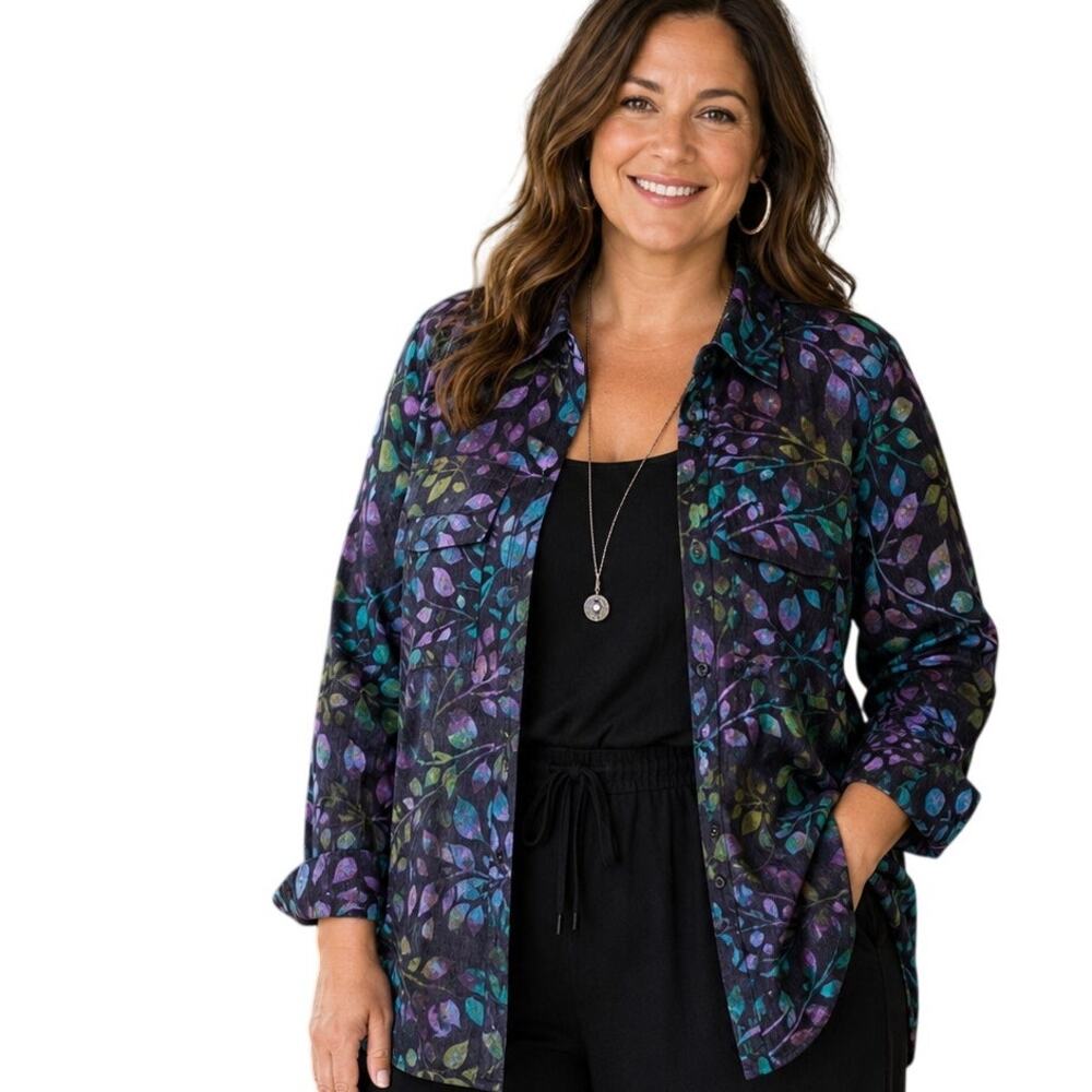 Denim & Co Leaf Print Button Top Womens Large Multicolor Long Sleeve Blue Purple